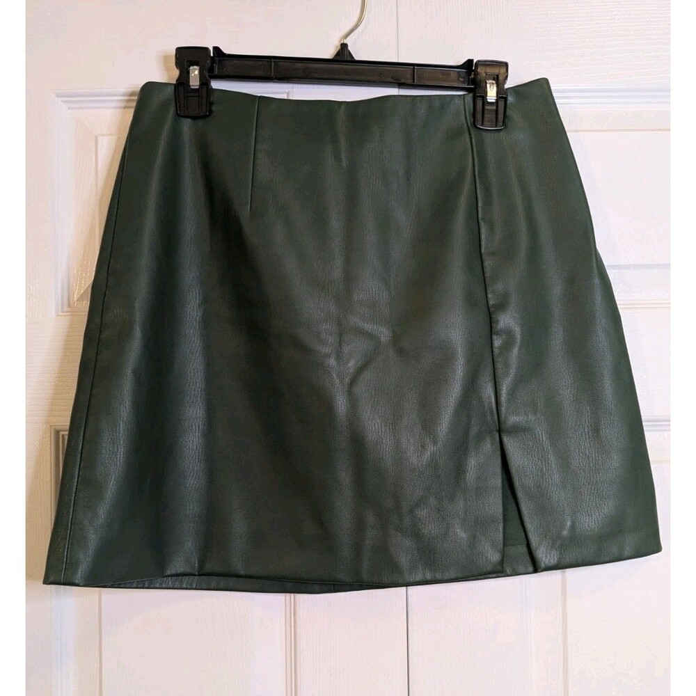 Anthropologie Maeve Green Faux Leather Mini Skirt Size 10 Vegan Leather A-Line